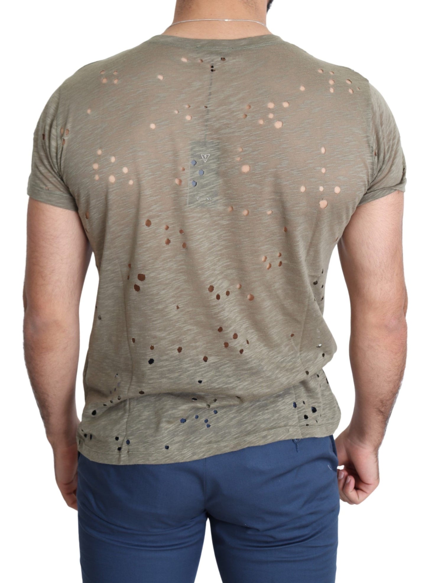 Guess Brown Cotton Stretch Logo Print Men Casual Perforated T-shirt