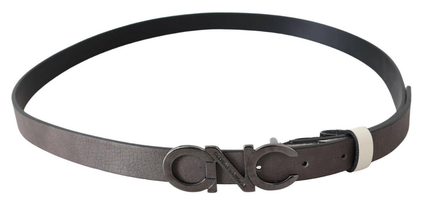 Costume National Belt Mettalic Gray Leather Logo Belt