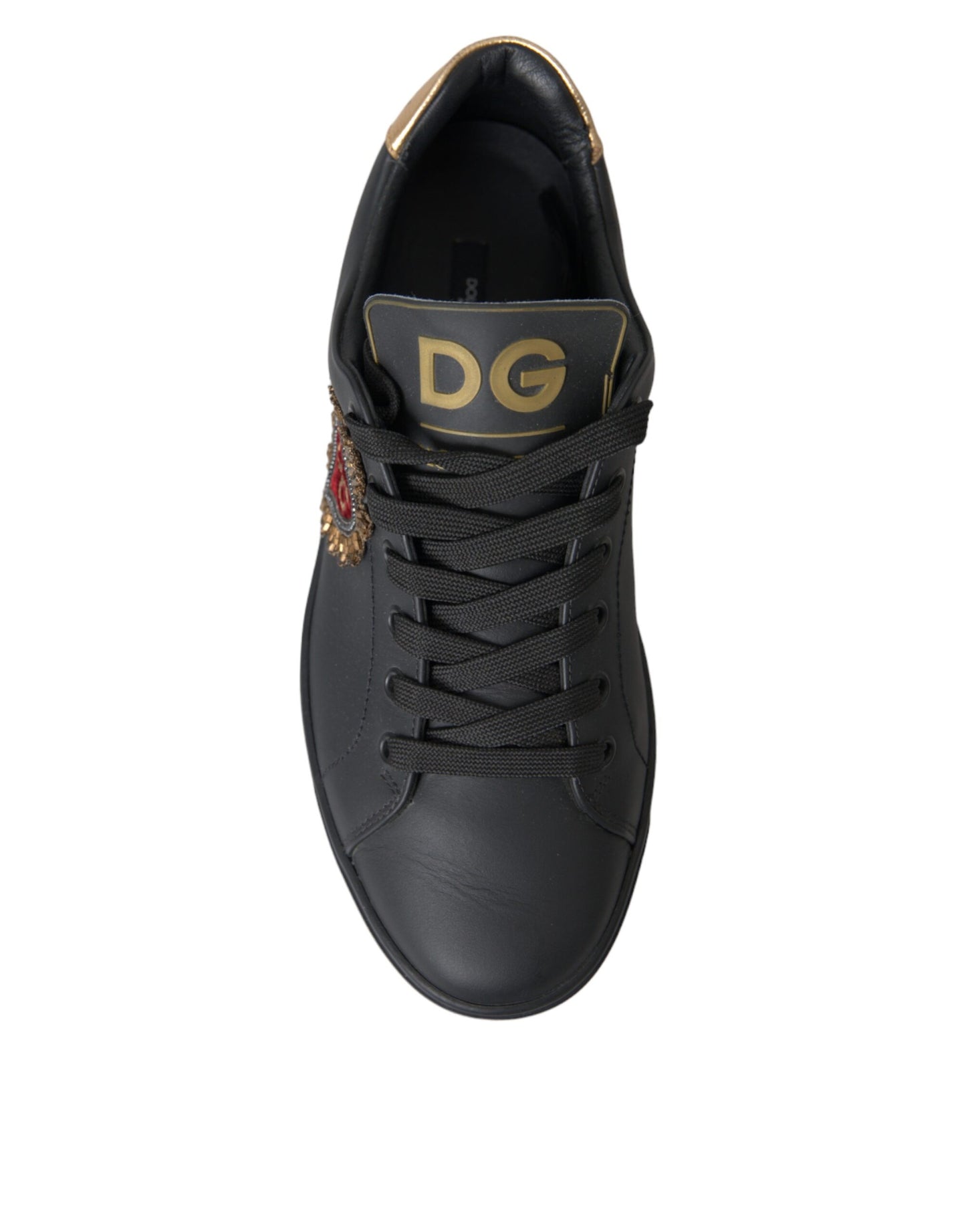 Dolce & Gabbana Black Leather Heart Embellished Sneakers Shoes