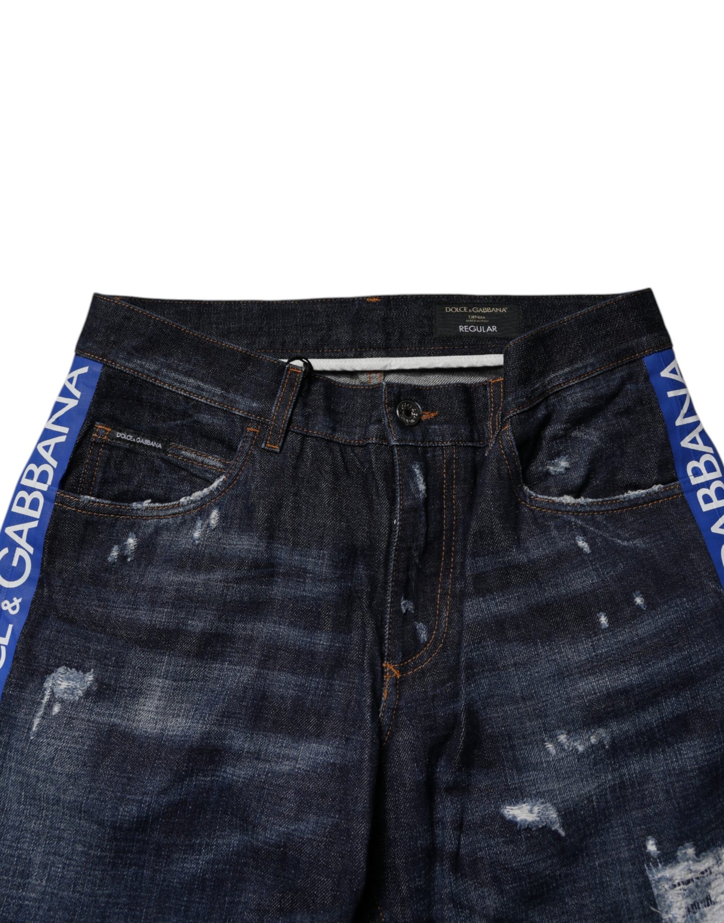 Dolce & Gabbana Dark Blue Cotton Tattered Skinny Denim Jeans