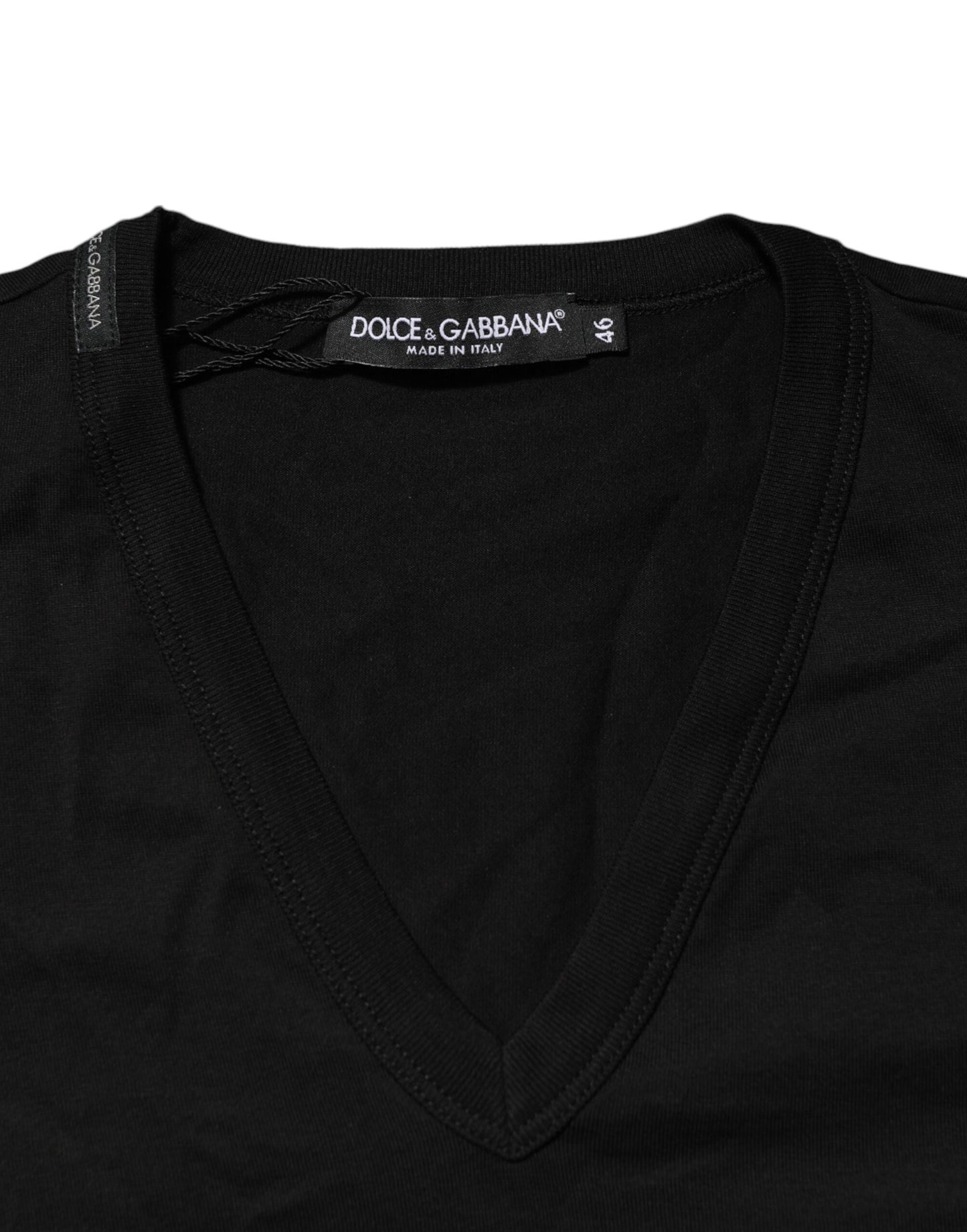Dolce & Gabbana Black Cotton Plain V-Neck Men Shirt T-shirt