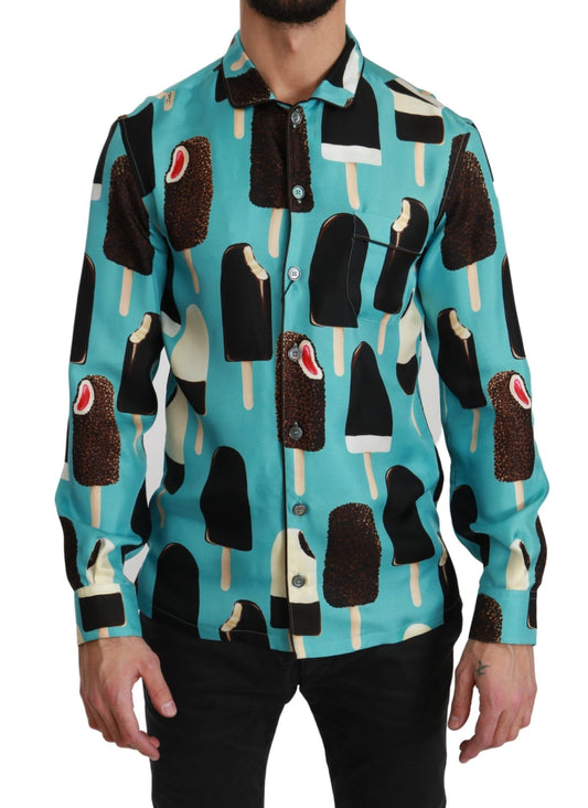Dolce & Gabbana Blue Silk Ice Cream Print Casual Shirt