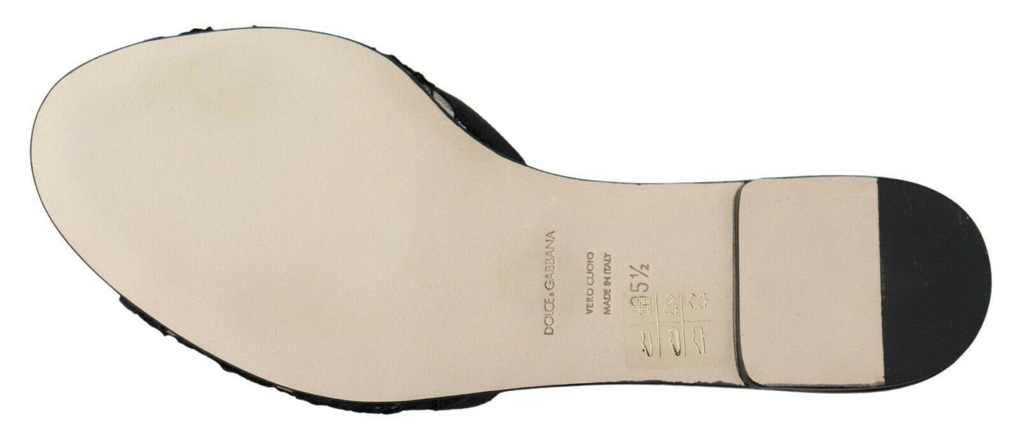 Dolce & Gabbana Black Taormina Lace Slides Crystals Flats Shoes