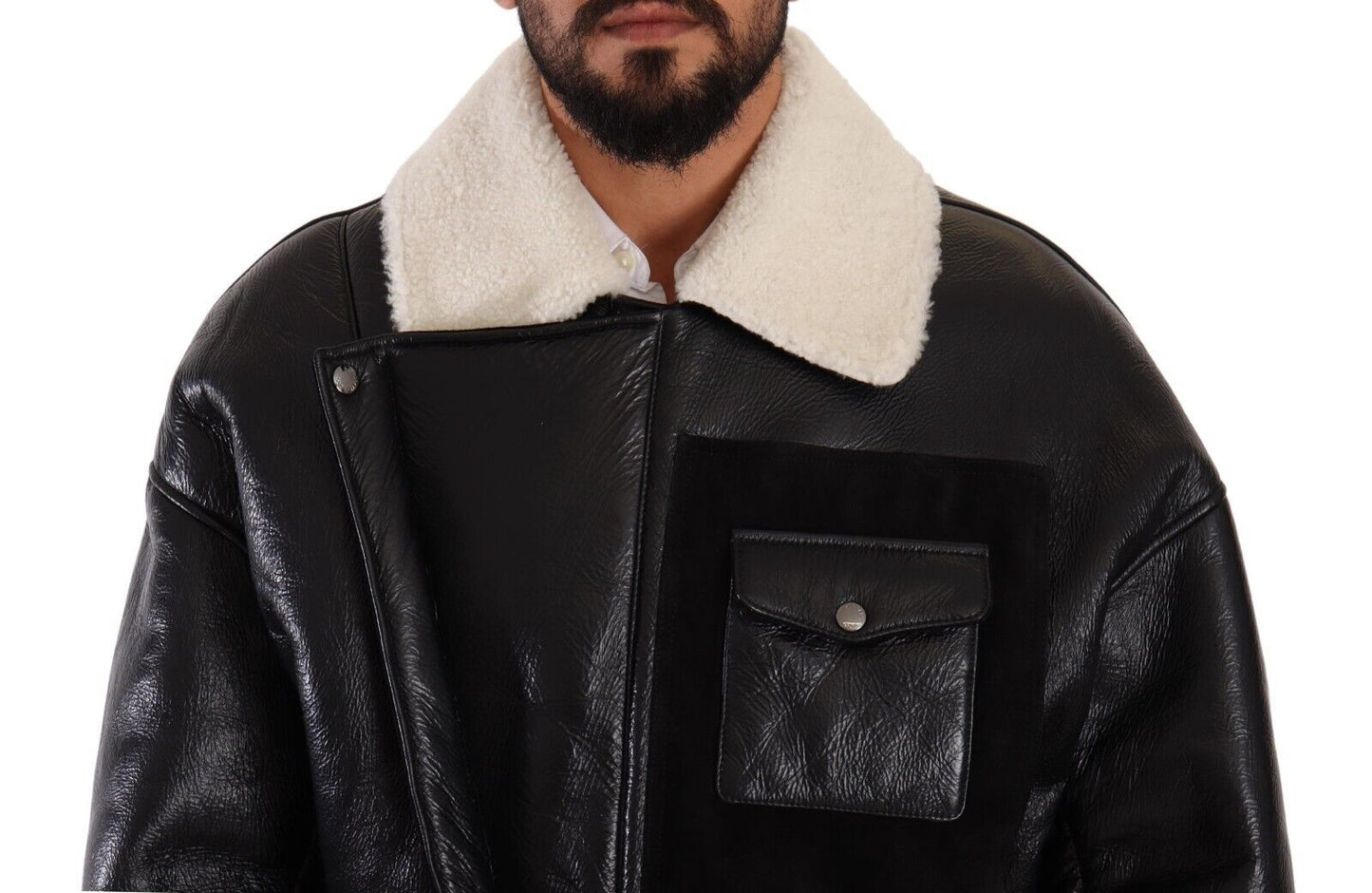 Dolce & Gabbana Black Leather Shearling Biker Coat Jacket