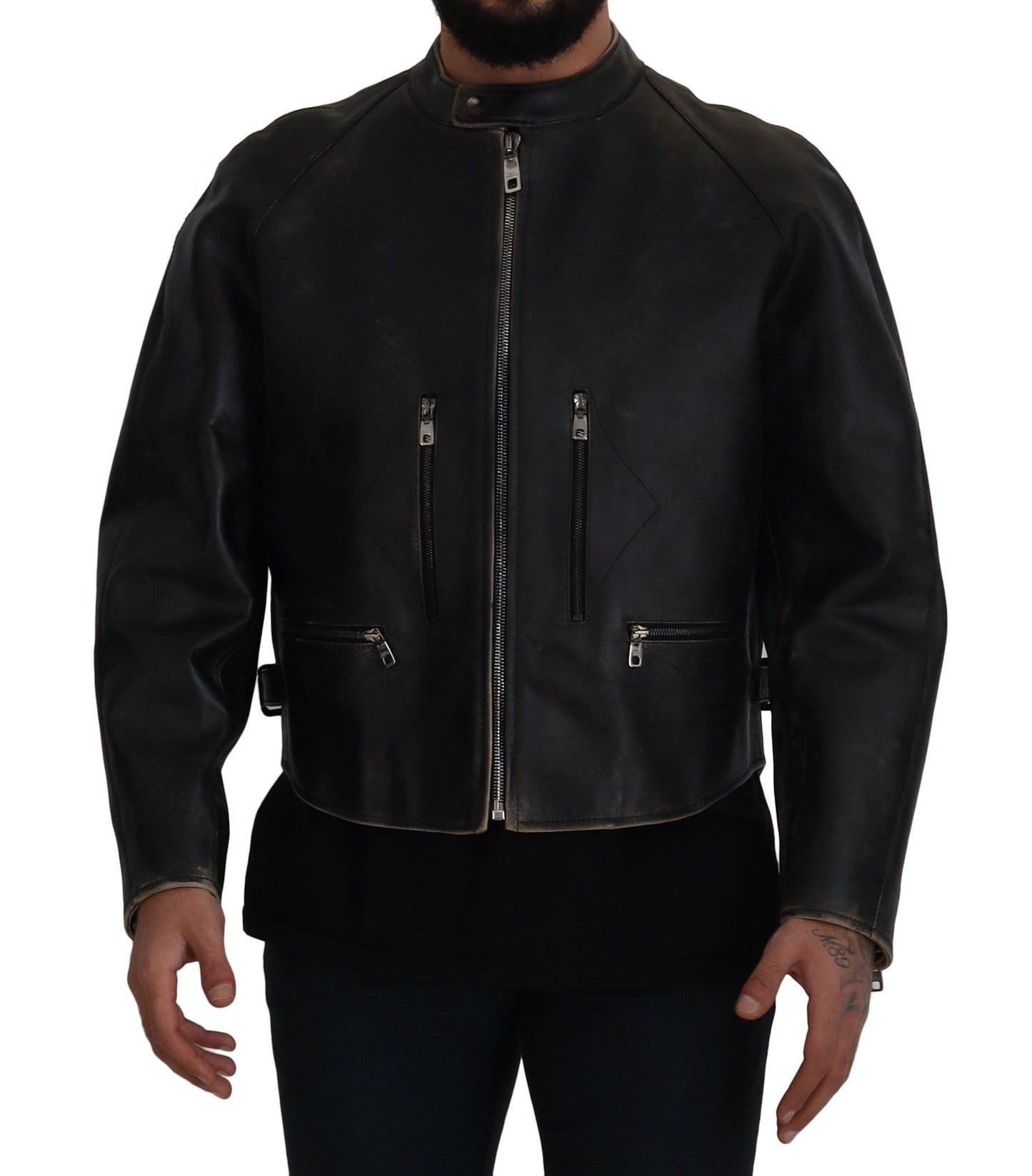 Dolce & Gabbana Black Leather Zipper Biker Coat Jacket
