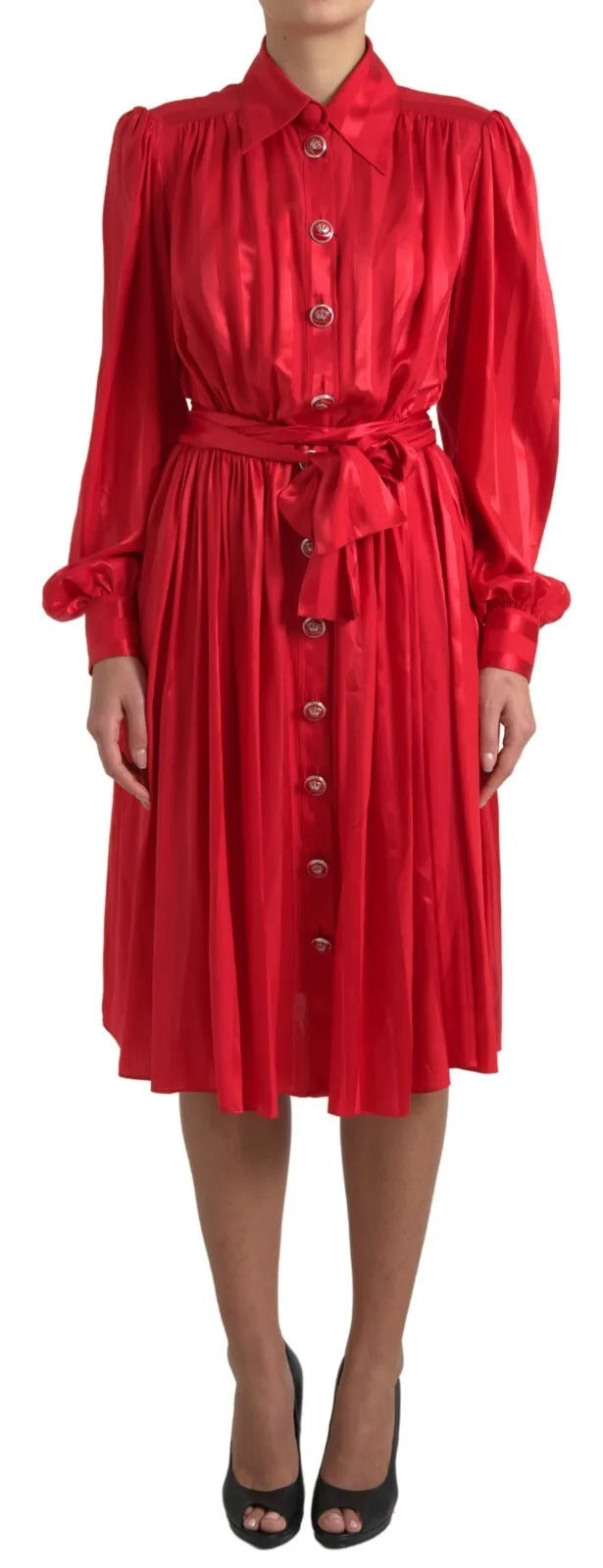 Dolce & Gabbana Red Button Down Belted Midi Satin Silk Dress