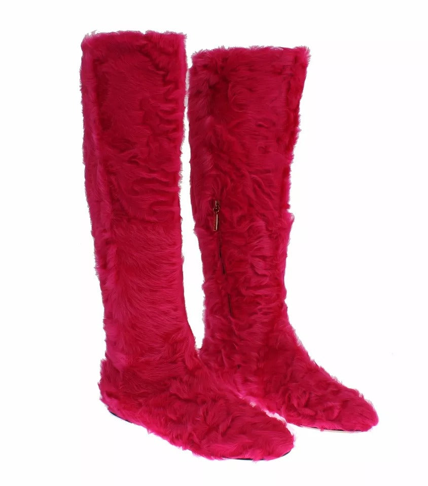 Dolce & Gabbana Pink Lamb Fur Leather Flat Boots Shoes