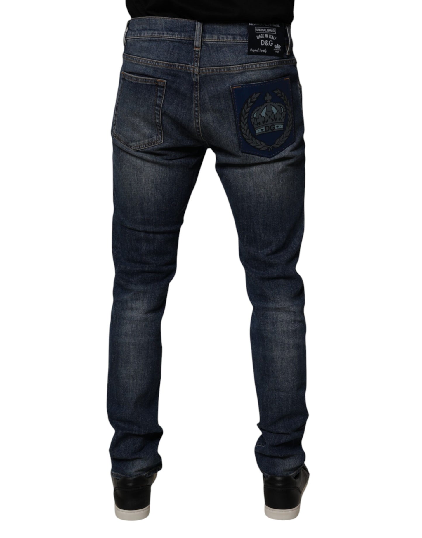 Dolce & Gabbana Dark Blue Cotton Leather Skinny Denim Jeans