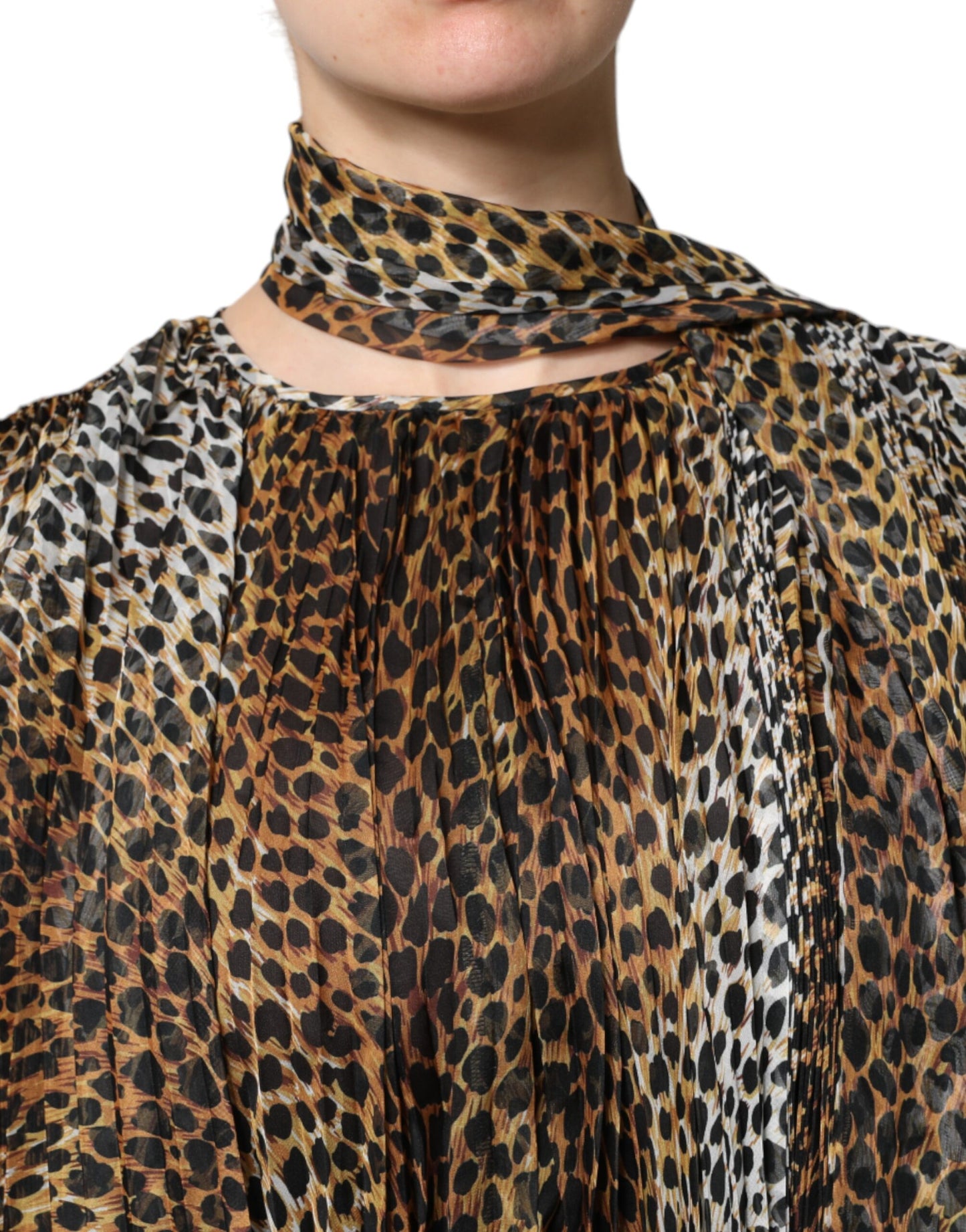 Dolce & Gabbana Brown Leopard Print Scarf Collared Chiffon Dress