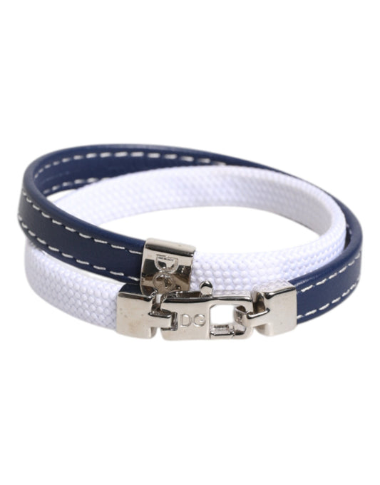 Dolce & Gabbana Blue White Leather Trimmed DG Engraved Silver Tone Clasp Bracelet
