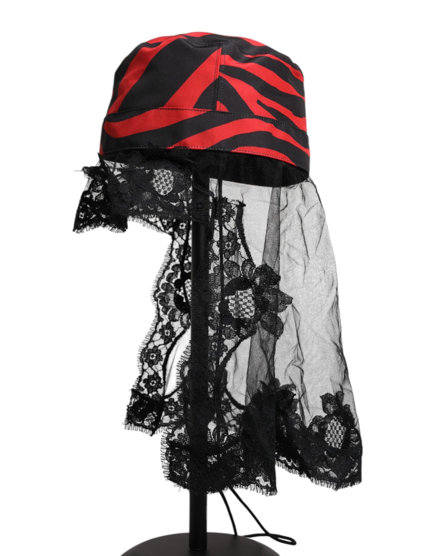 Dolce & Gabbana Black Red Stripes Lace Tulle Bucket Hat