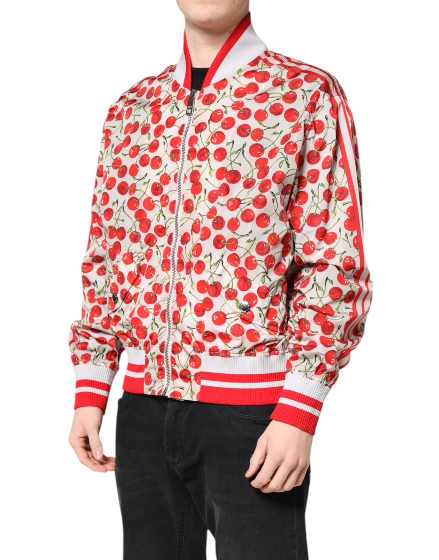 Dolce & Gabbana White Cherry Print Full Zip Bomber Jacket
