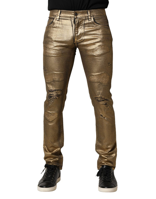 Dolce & Gabbana Gold Tattered Cotton Stretch Slim Denim Jeans