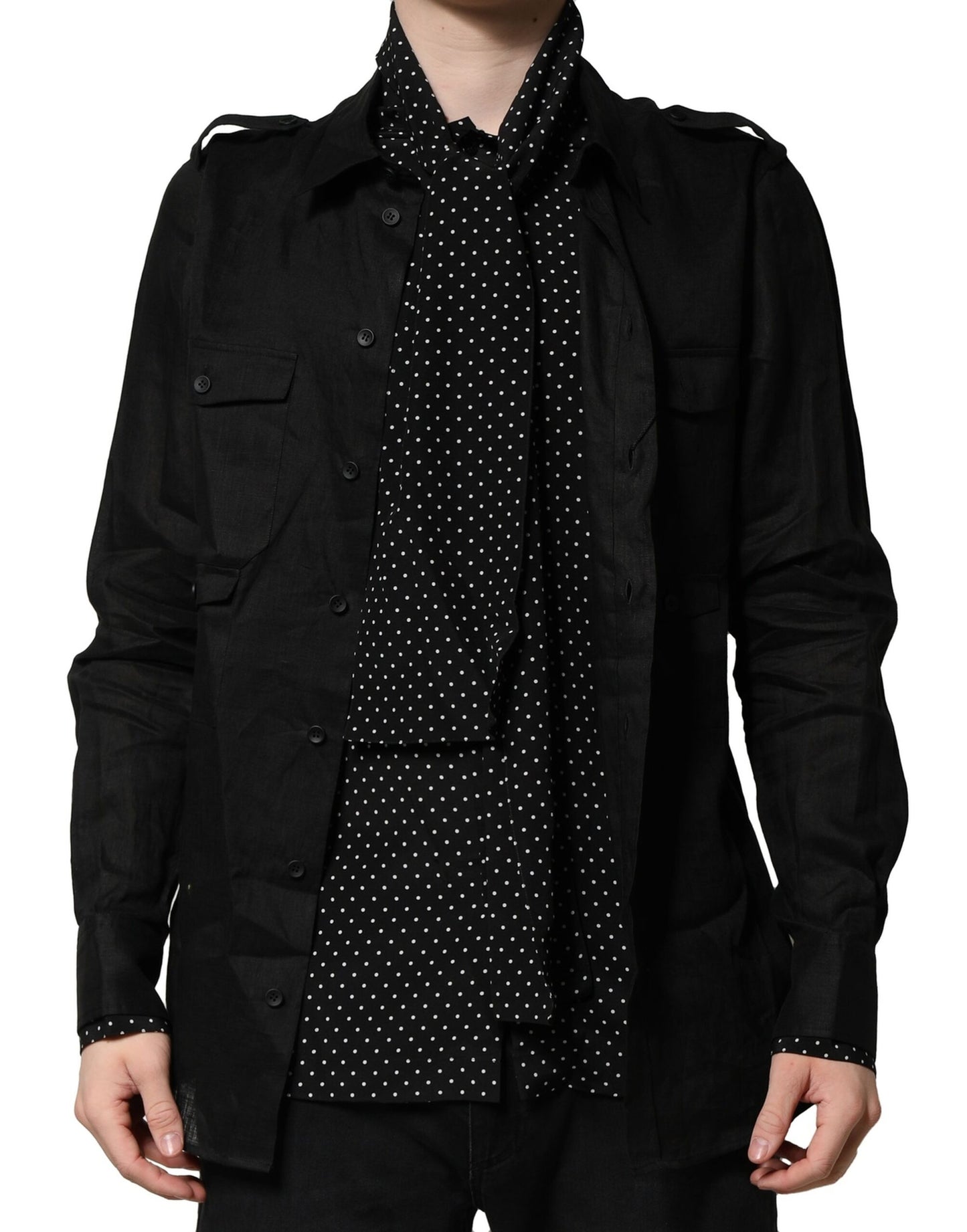 Dolce & Gabbana Black Polka Dot Collar Tie Neck Casual Shirt