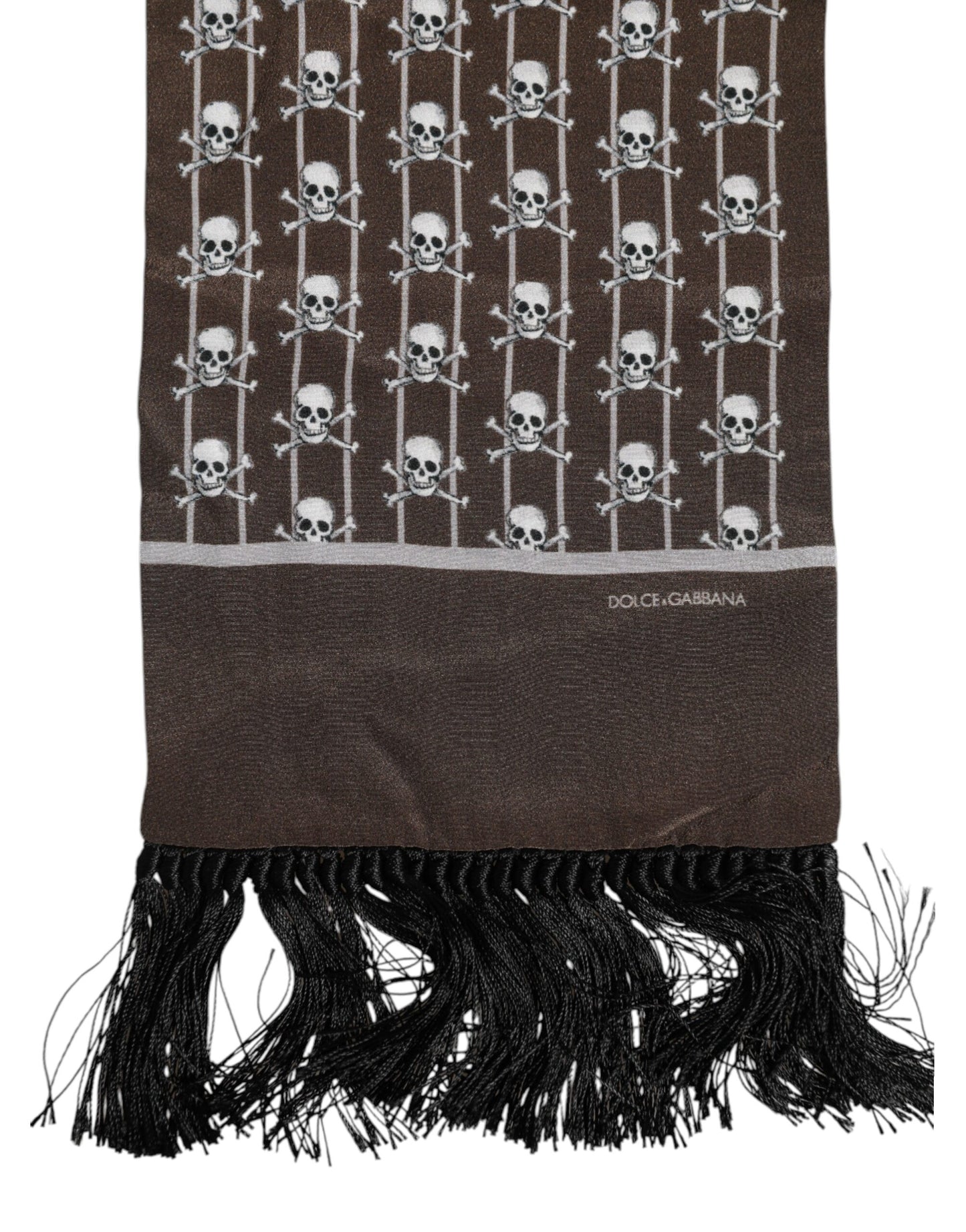 Dolce & Gabbana Brown Skulls Print Fringes Men Foulard Scarf