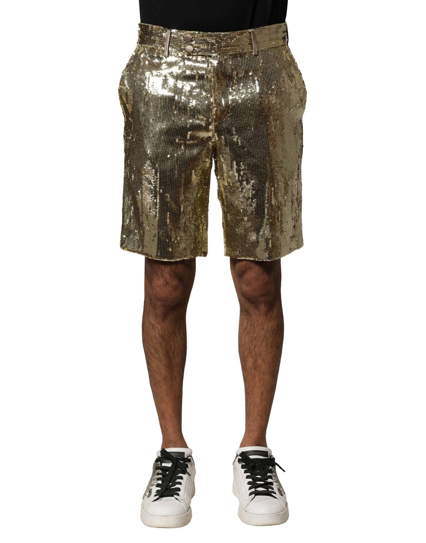 Dolce & Gabbana Gold Sequin Polyester Embellished Bermuda Shorts
