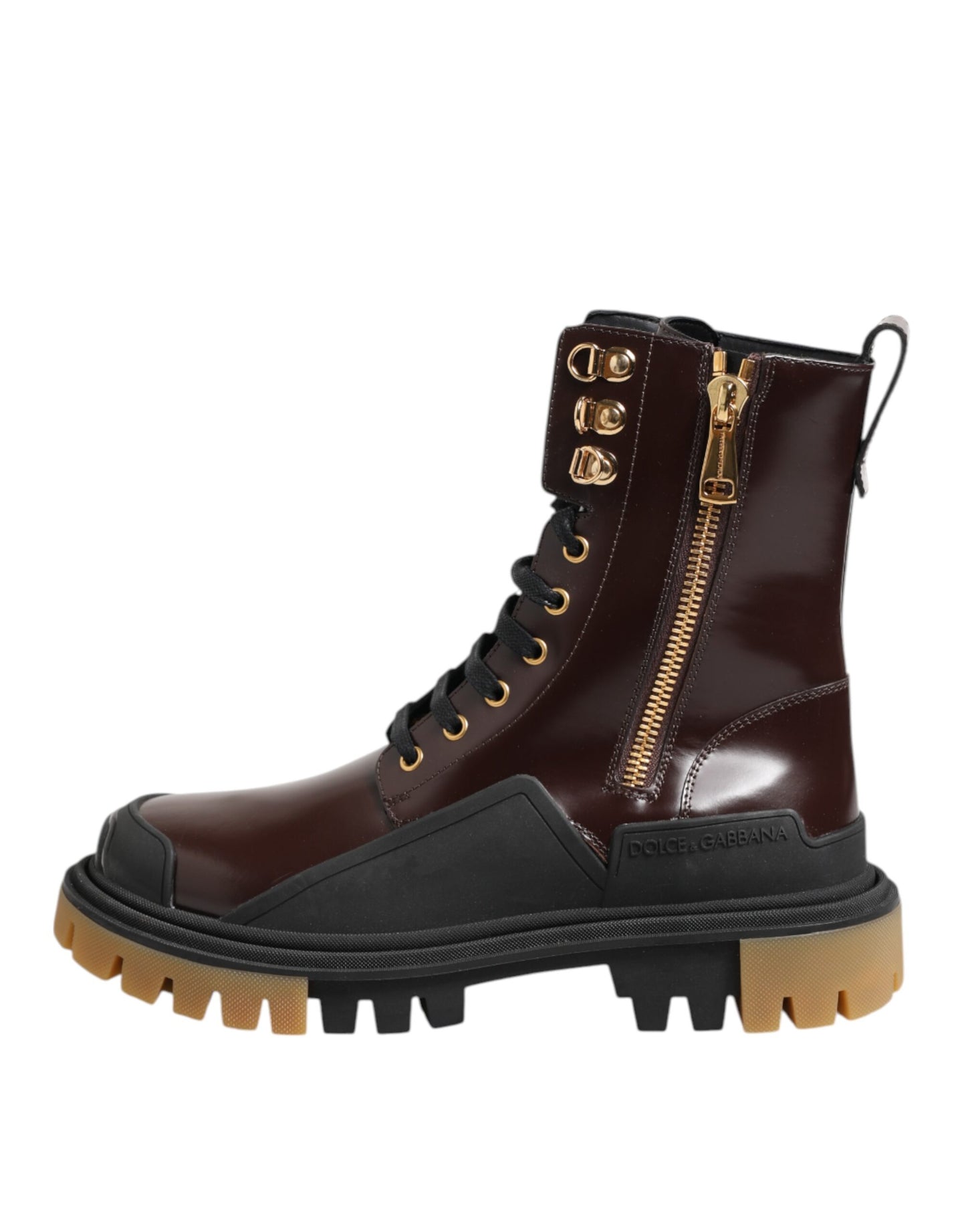 Dolce & Gabbana Brown Black Leather Boots Zipper Lace Up Shoes