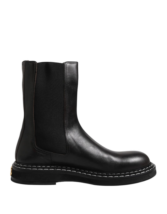 Dolce & Gabbana Black Leather Mid Calf Boots Flats Shoes