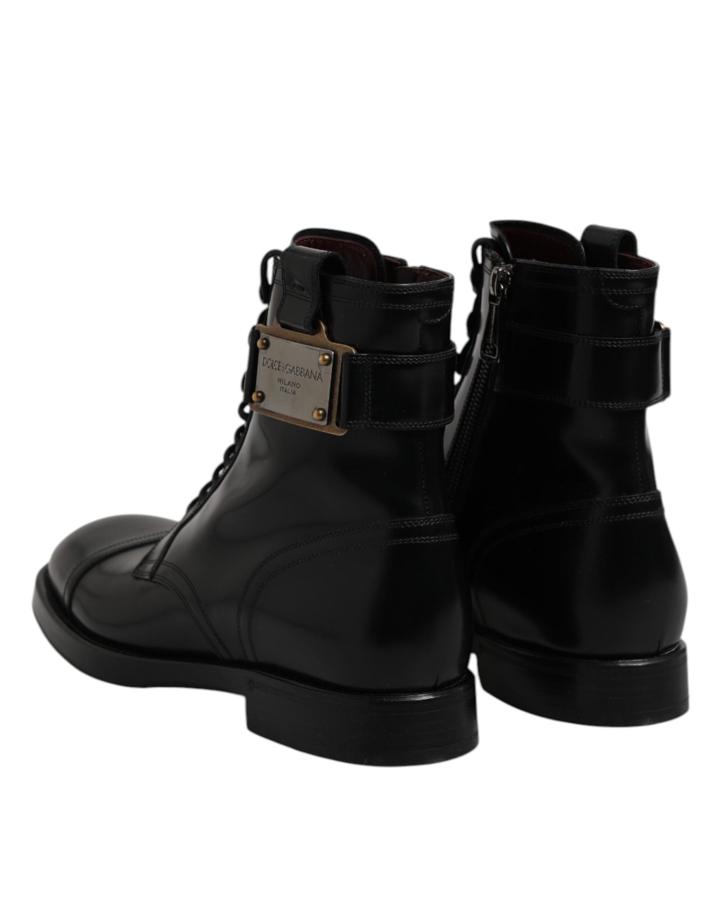 Dolce & Gabbana Black Leather Mid Calf Boots Lace Up Shoes