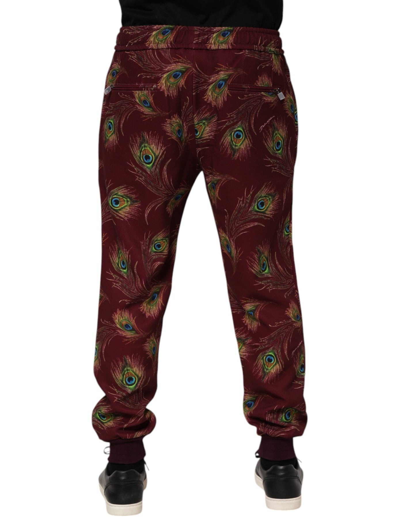 Dolce & Gabbana Burgundy Peacock Feather Print Jogger Pants