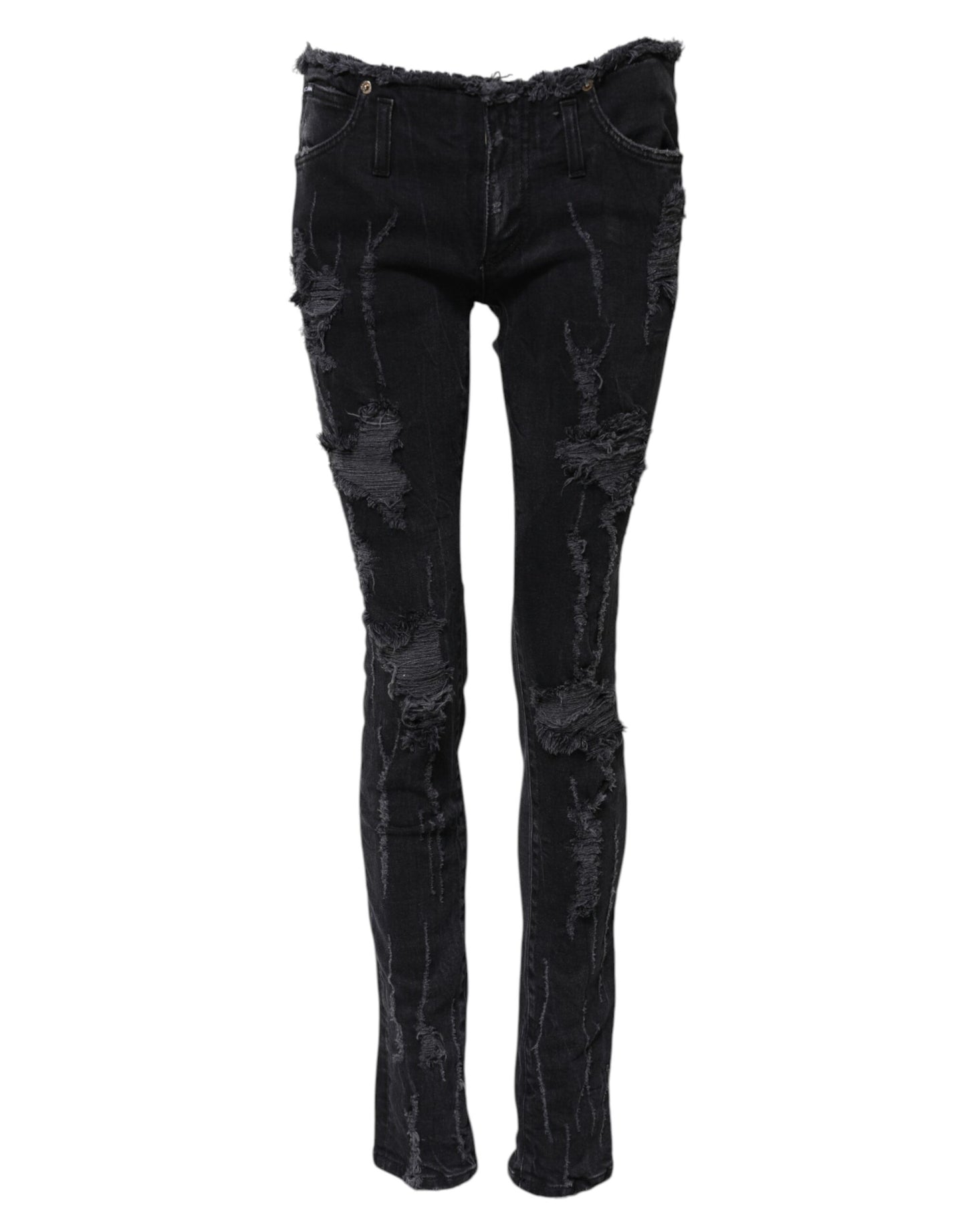 Dolce & Gabbana Black Cotton Tattered Skinny Denim Jeans