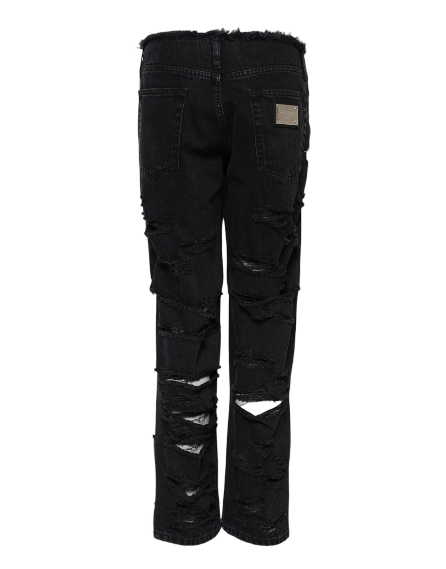 Dolce & Gabbana Black Cotton Tattered Mid Waist Denim Jeans