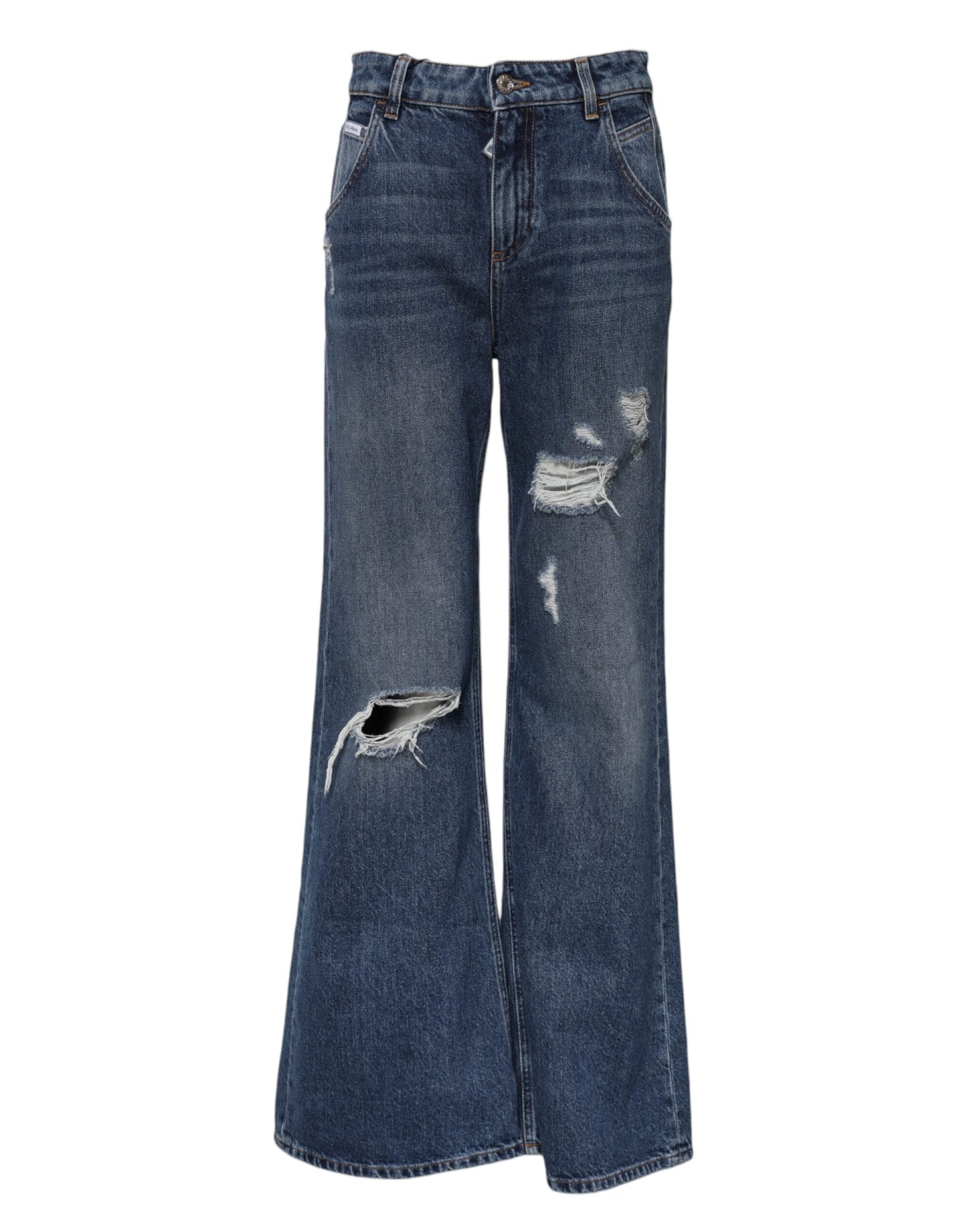 Dolce & Gabbana Blue Cotton Wide Leg Tattered Denim Jeans