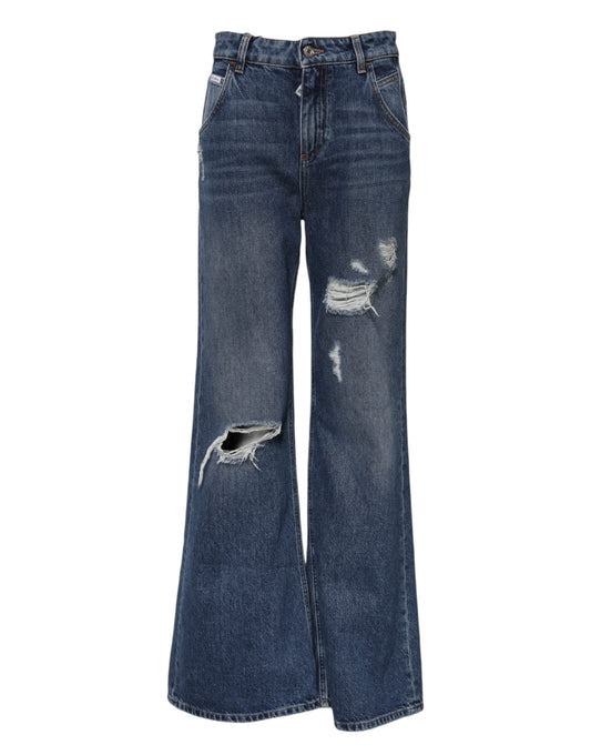 Dolce & Gabbana Blue Cotton Wide Leg Tattered Denim Jeans