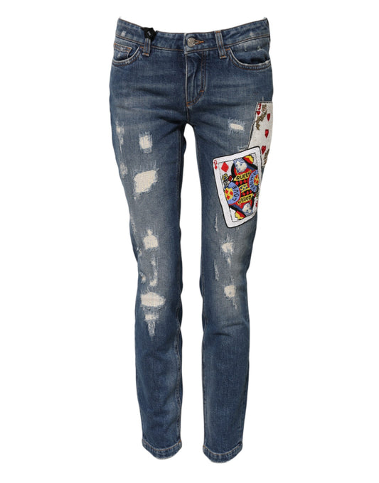 Dolce & Gabbana Blue Play Card Embroidery Skinny Denim Jeans