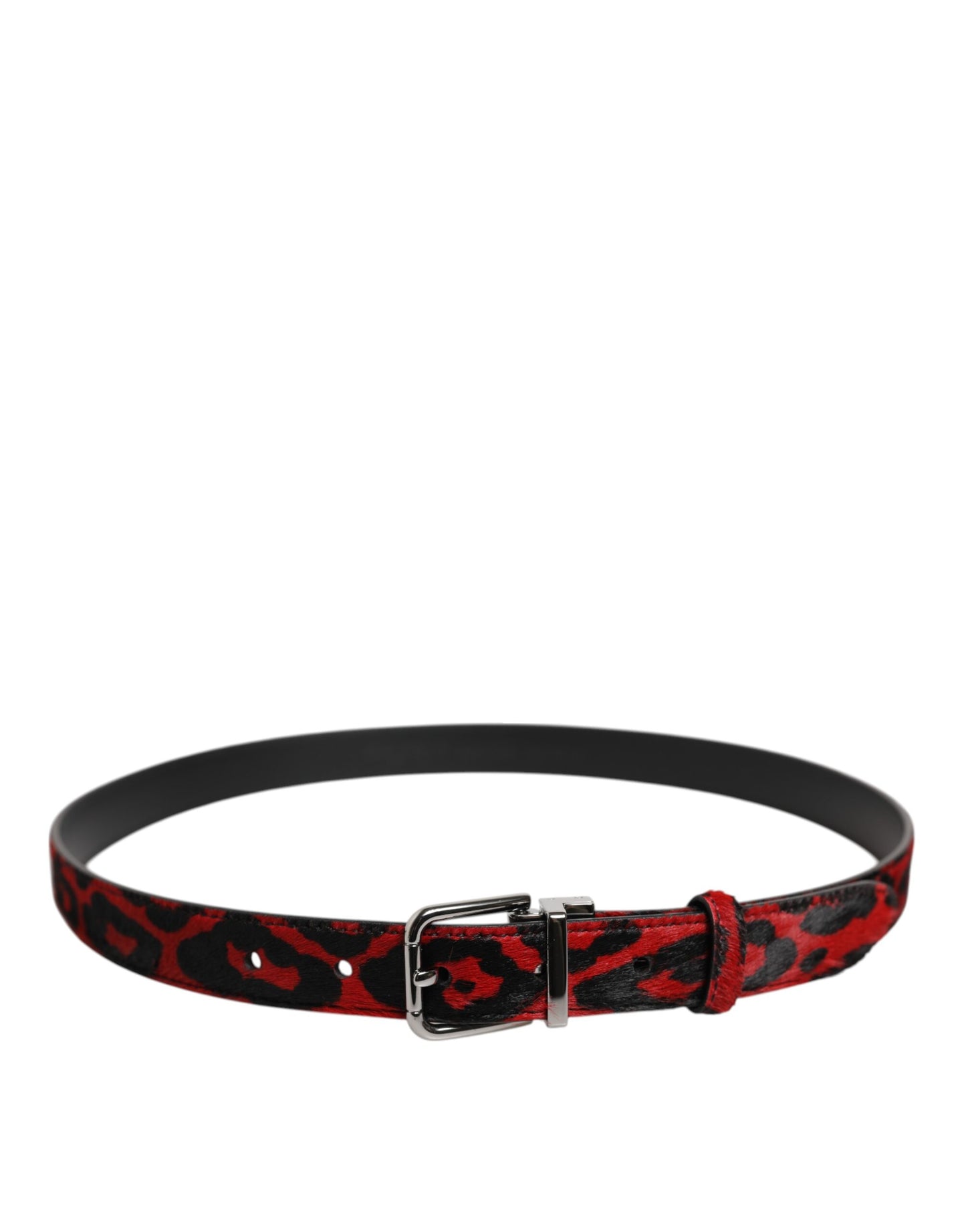 Dolce & Gabbana Black Red Leopard Silver Metal Buckle Belt