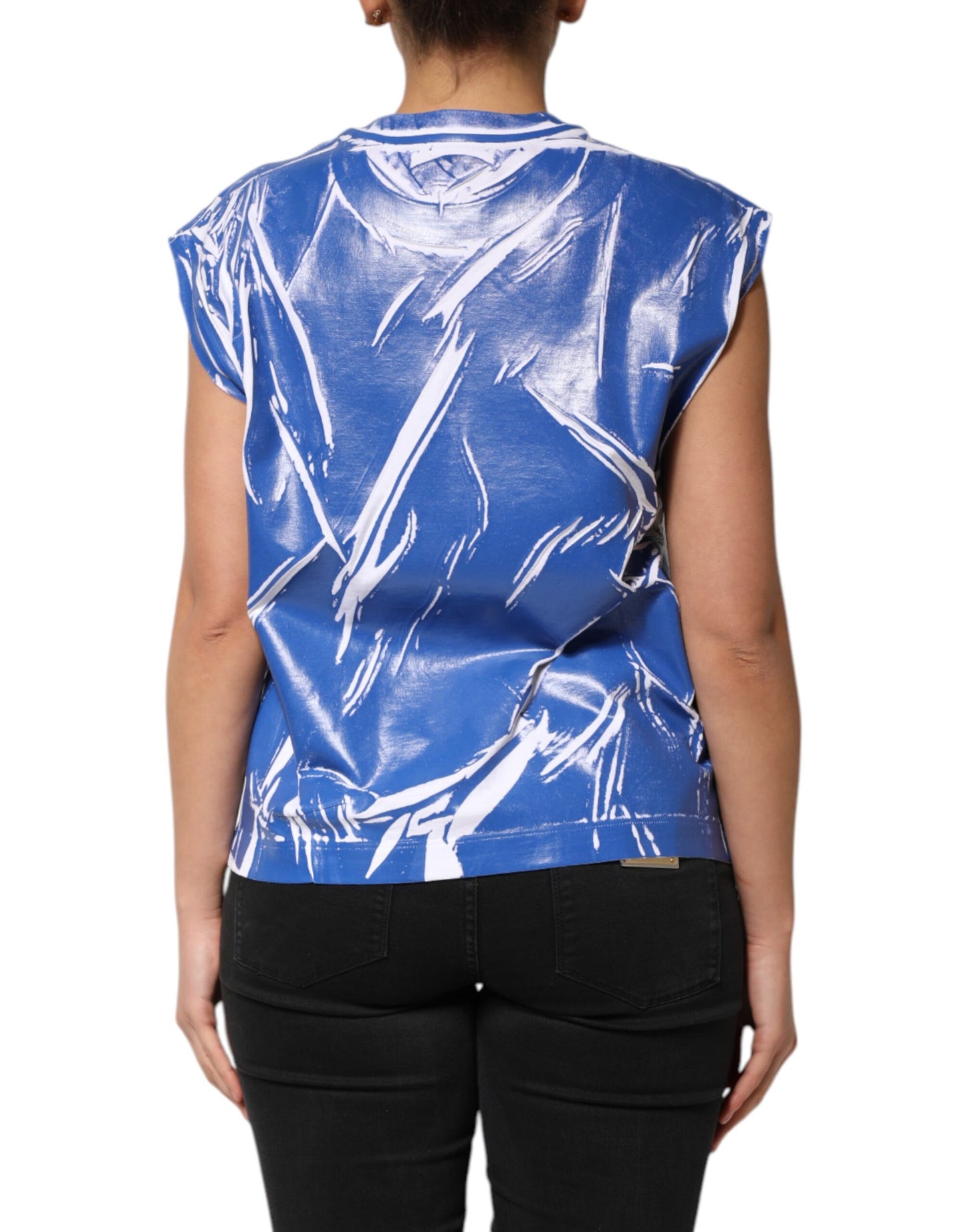 Dolce & Gabbana Blue White Cotton Logo Plaque Women Tank Top