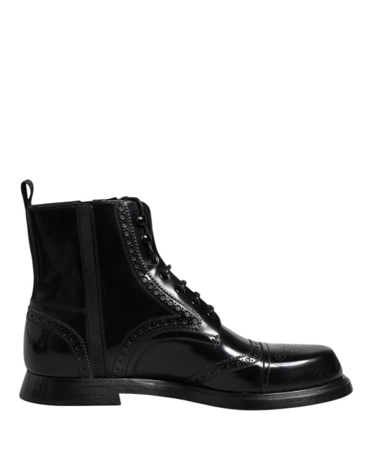 Dolce & Gabbana Black Leather Lace Up Mid Calf Boots Shoes