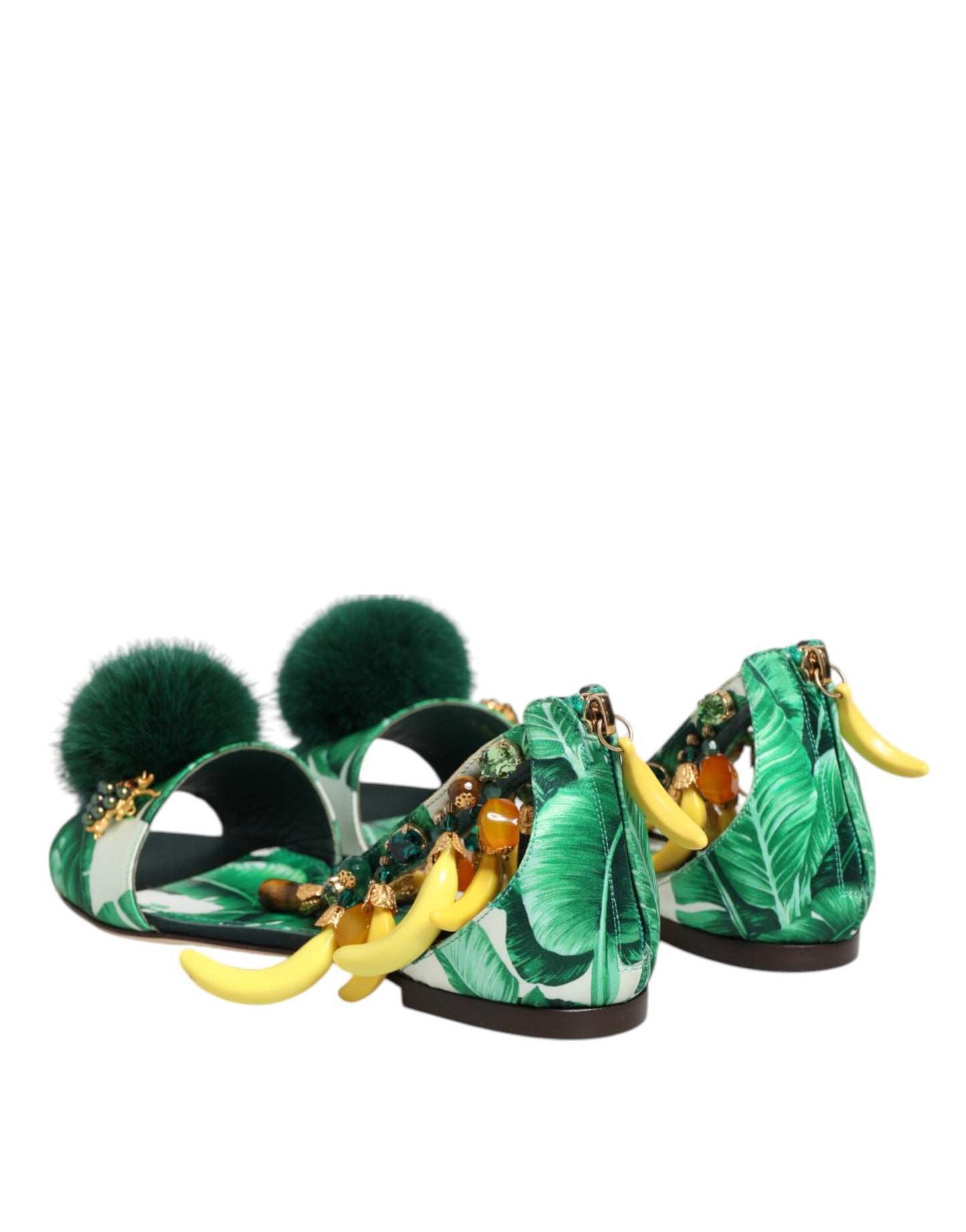 Dolce & Gabbana Green Mink Fur Satin Banana Leaf Sandals Shoes