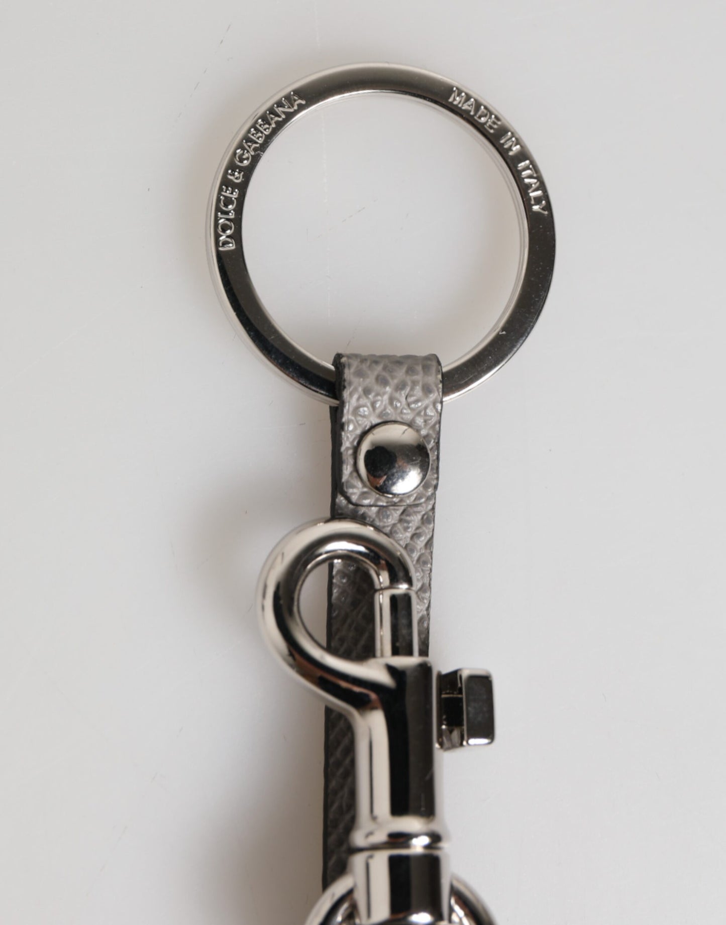Dolce & Gabbana Gray Leather Logo Metal Ring Keychain Holder Men Keyring