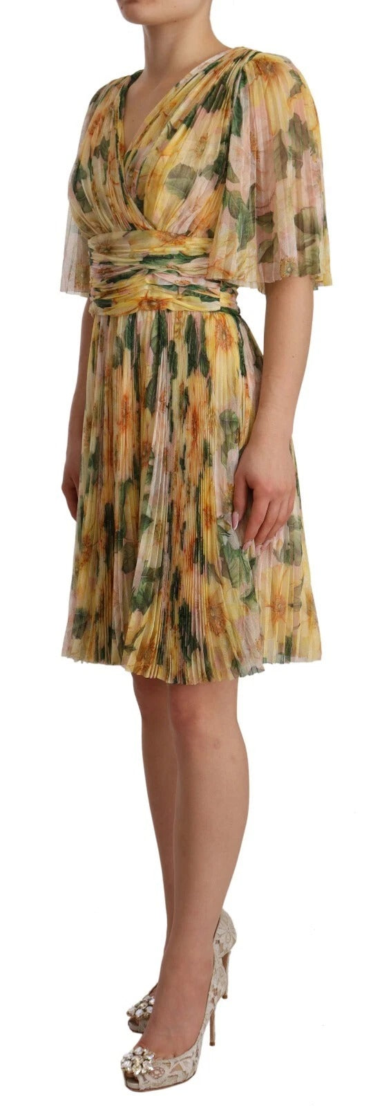 Dolce & Gabbana Yellow Floral Print Pleated Maxi Dress