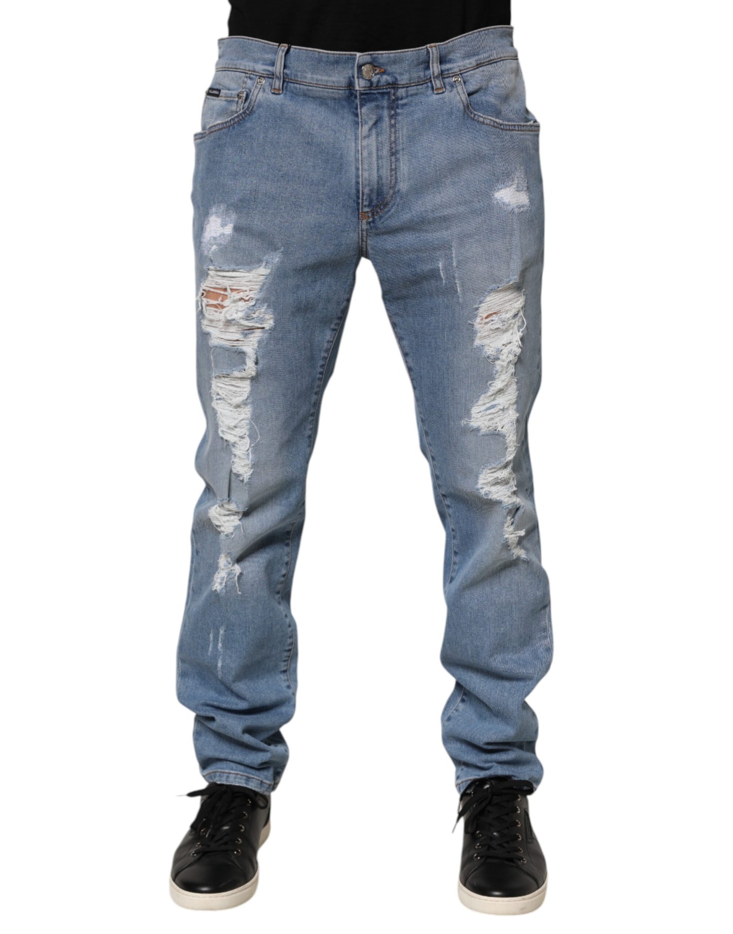 Dolce & Gabbana Blue Tattered Slim Fit Cotton Denim Jeans