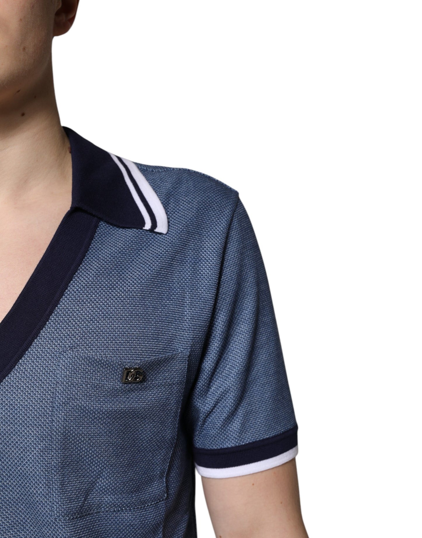 Dolce & Gabbana Blue Collared V-neck Silk Blend Polo T-shirt
