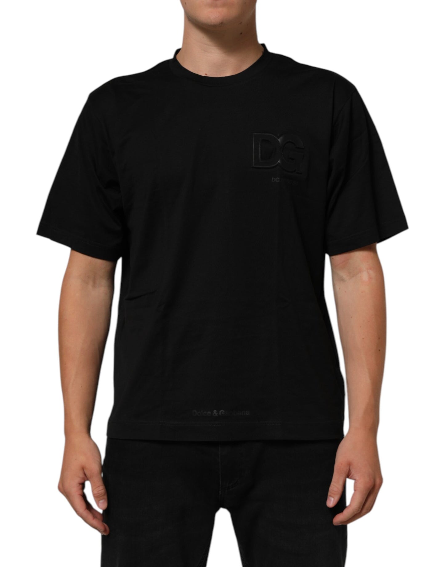 Dolce & Gabbana Black Logo Patch Cotton Men Crew Neck T-shirt