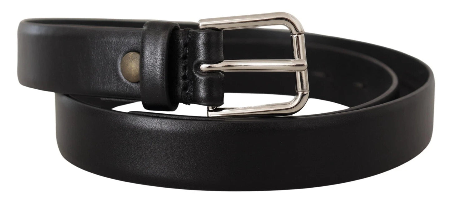 Dolce & Gabbana Black Calf Leather Silver Tone Logo Buckle Belt