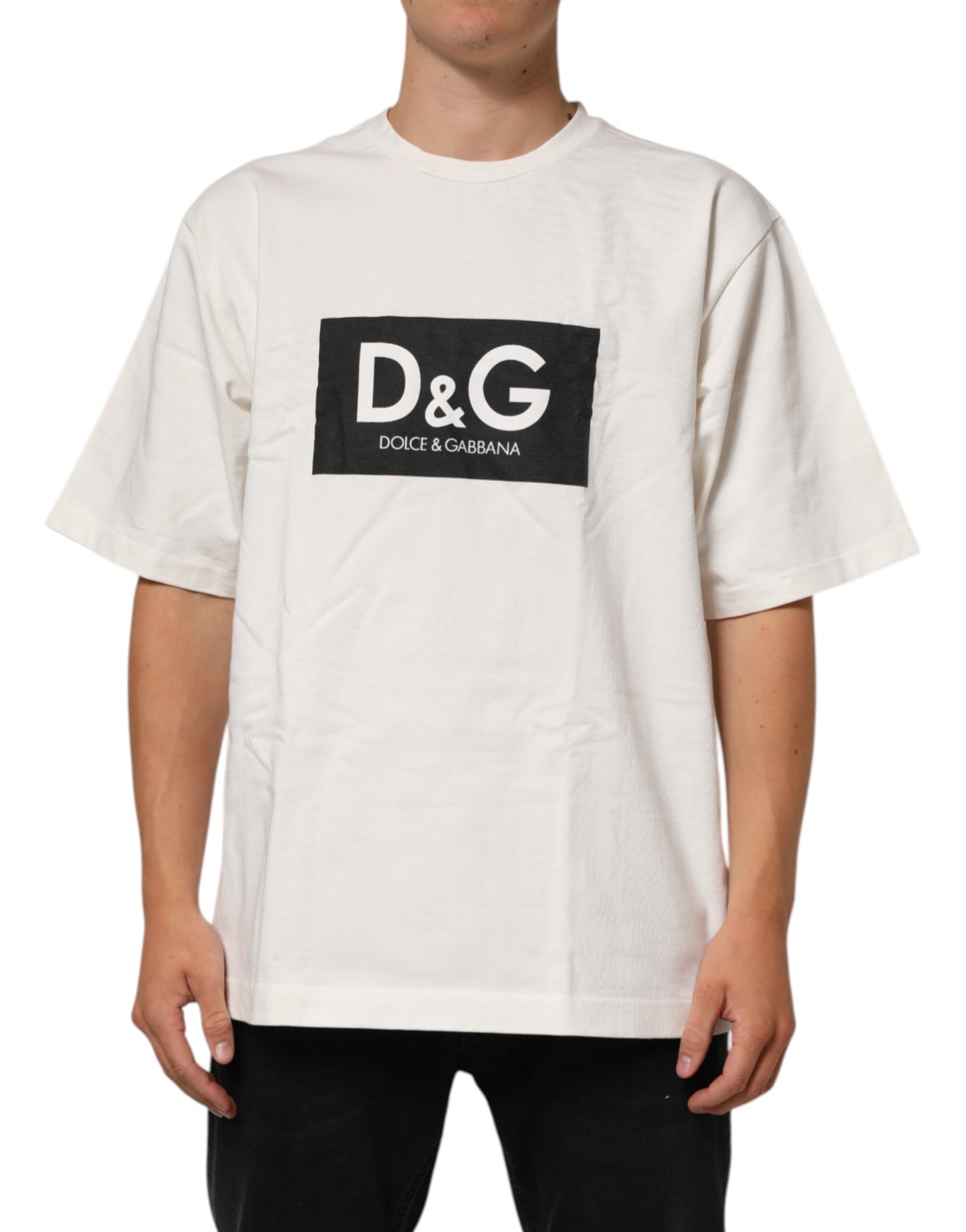 Dolce & Gabbana White Logo Print Cotton Crew Neck Men T-shirt