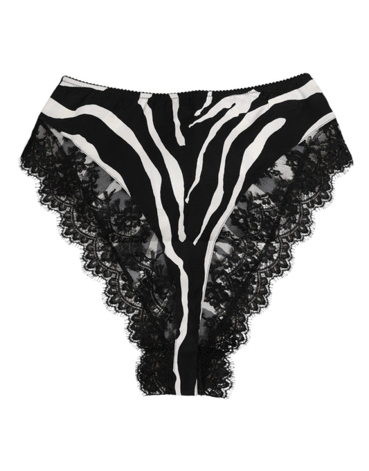Dolce & Gabbana Black Silk Zebra Print Lace High Waist Underwear