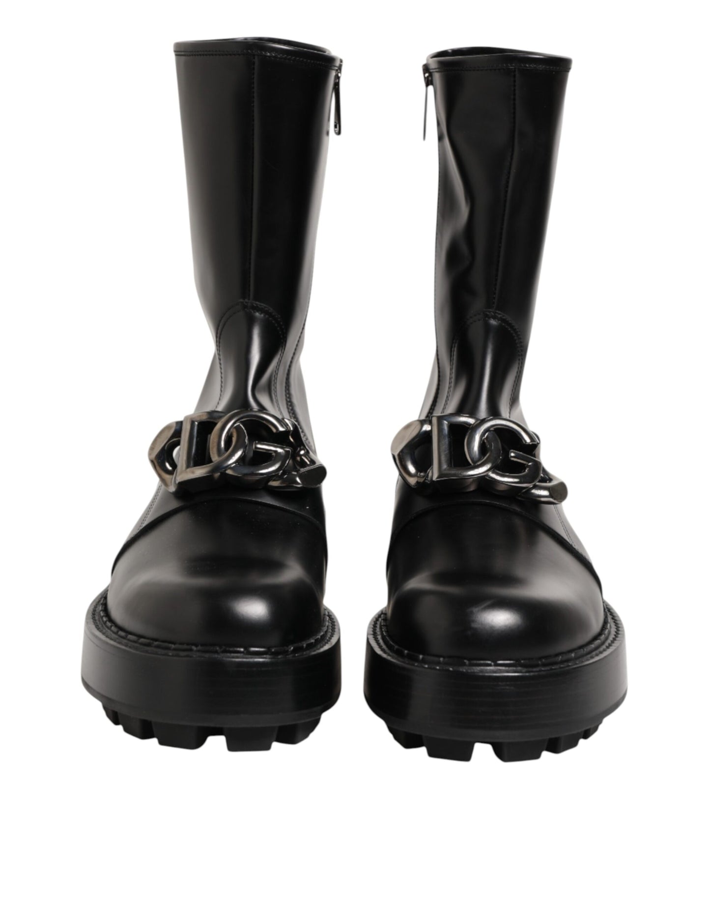Dolce & Gabbana Black Logo Plaque Mid Calf Biker Boots Shoes