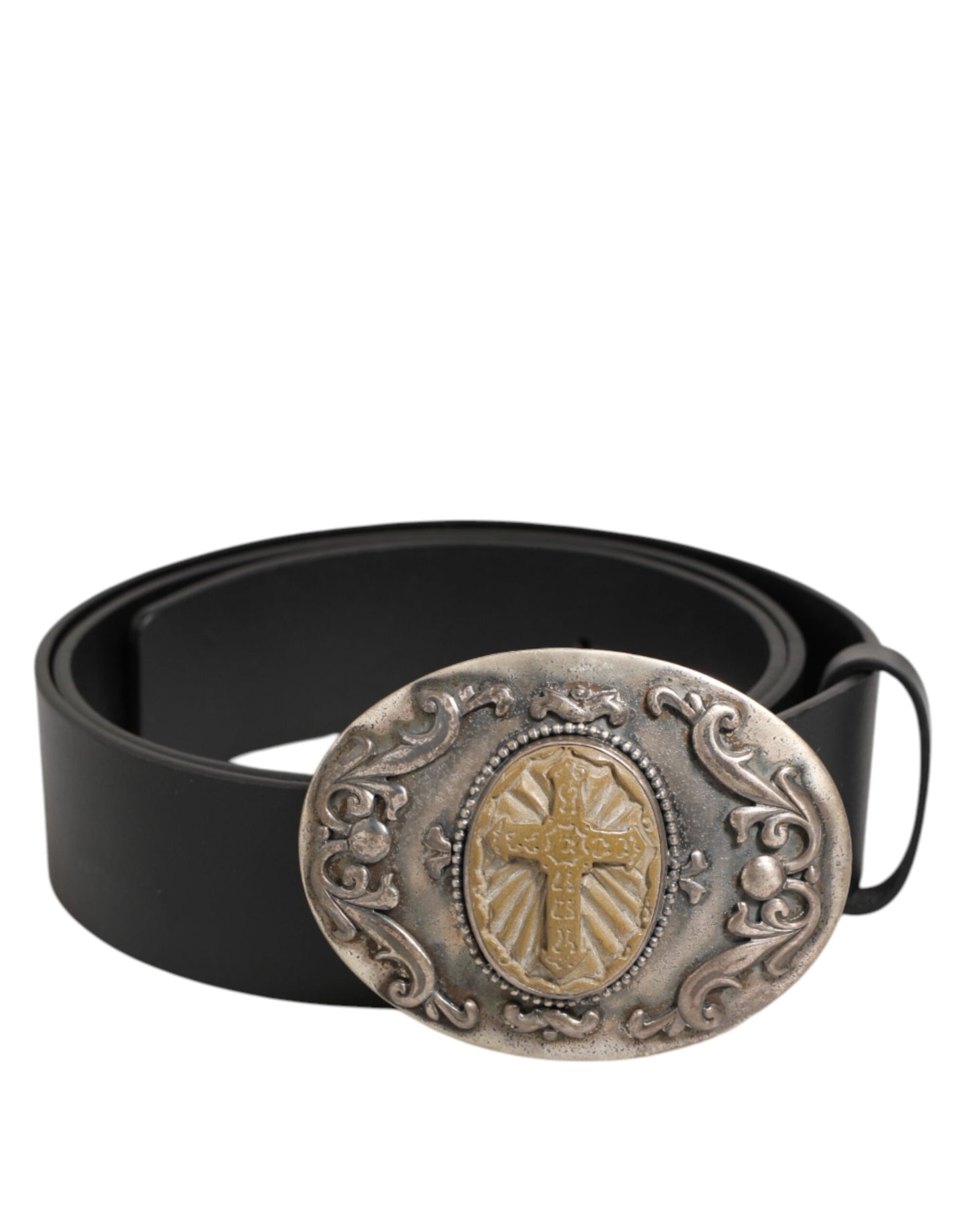 Dolce & Gabbana Black Leather Ornate Metal Buckle Men Belt