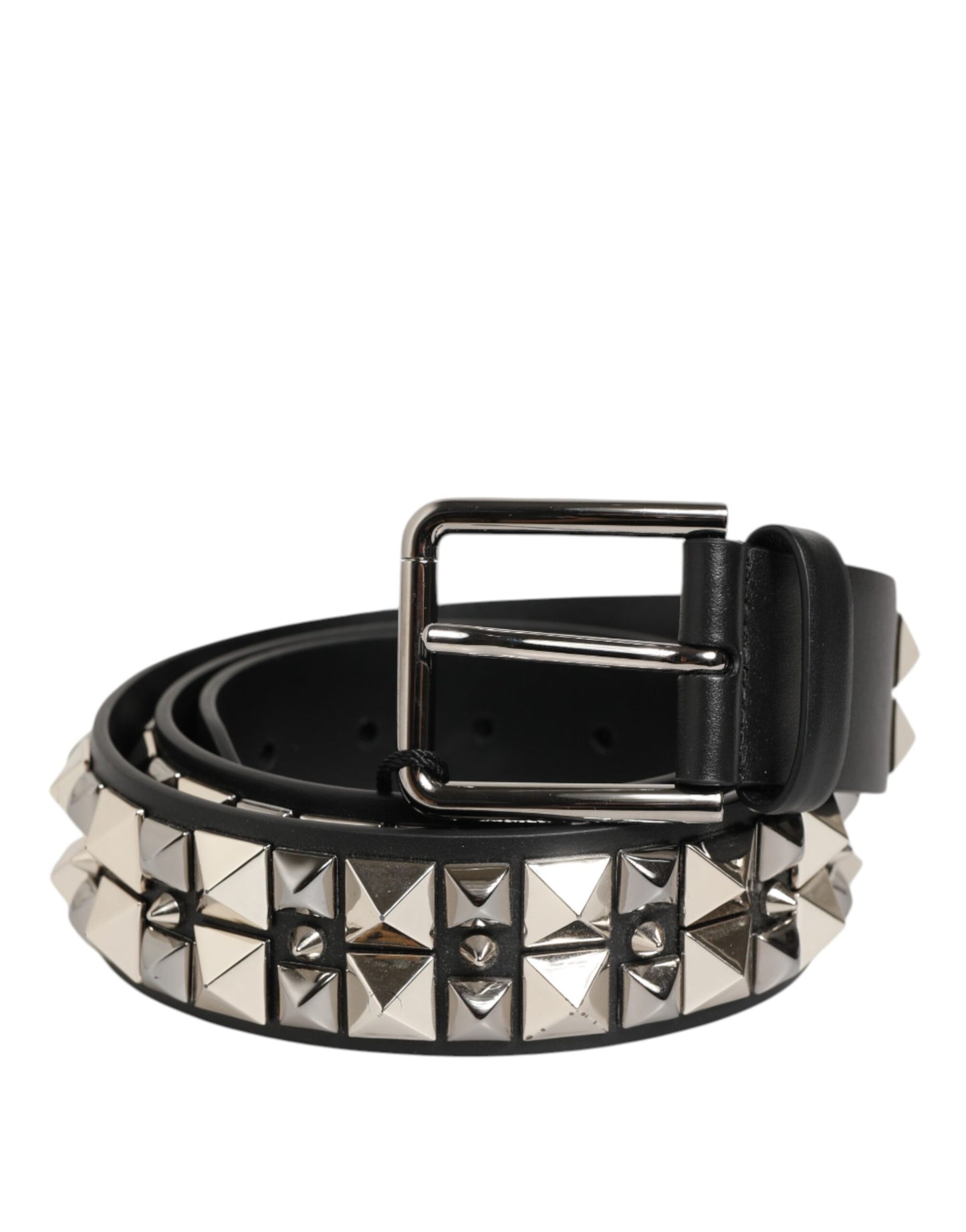 Dolce & Gabbana Black Calf Leather Studded Silver Buckle Belt